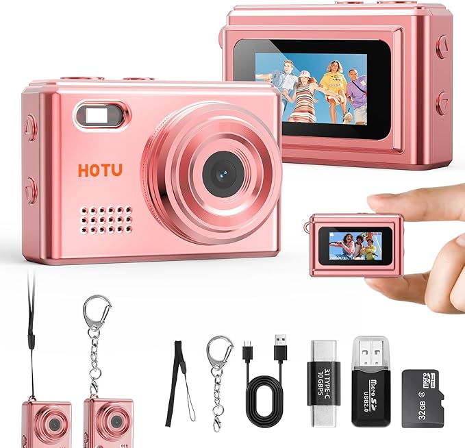 Mini keychain digital camera rose gold pocket size front view