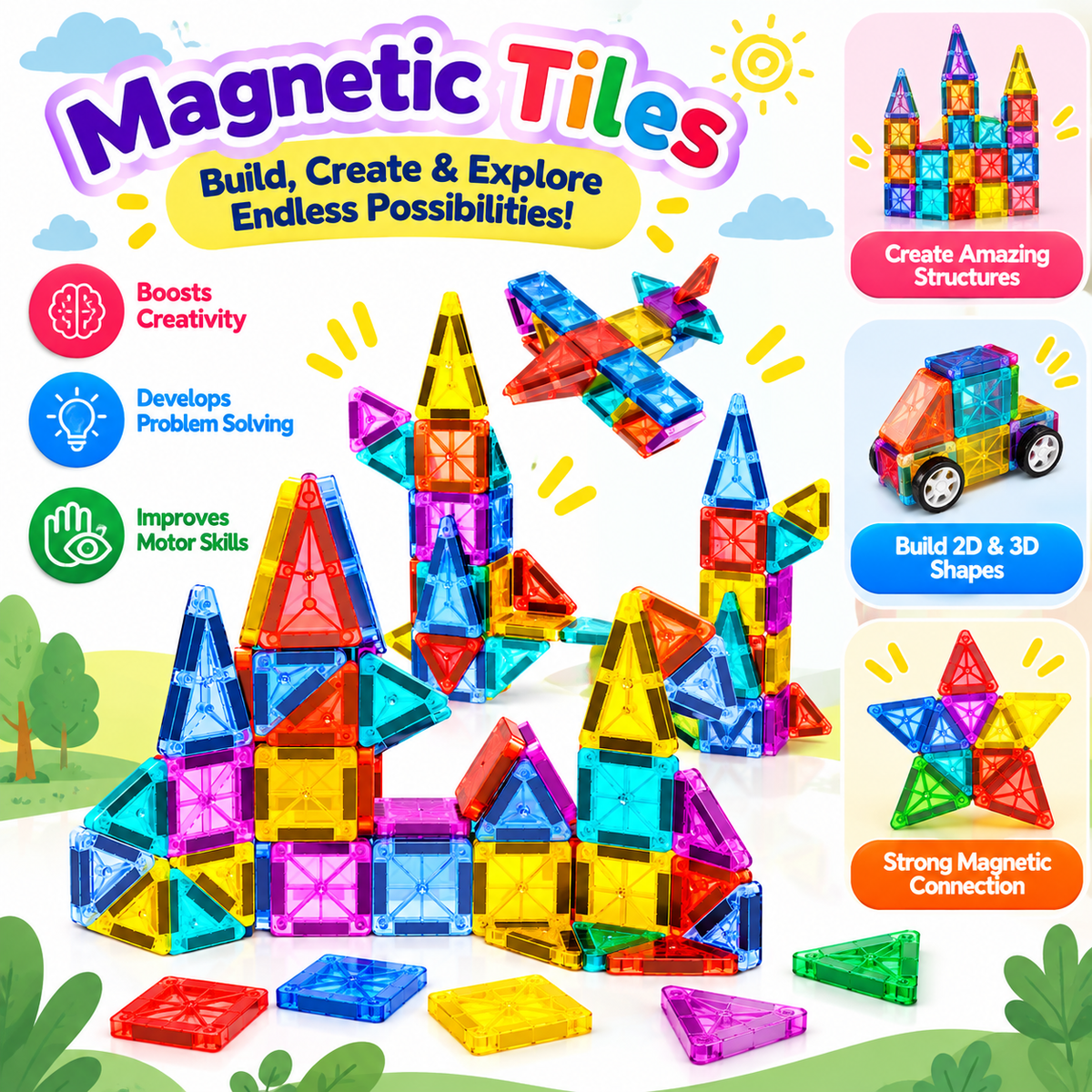 Mini magnetic building tiles measuring approximately 3.75 cm per piece.