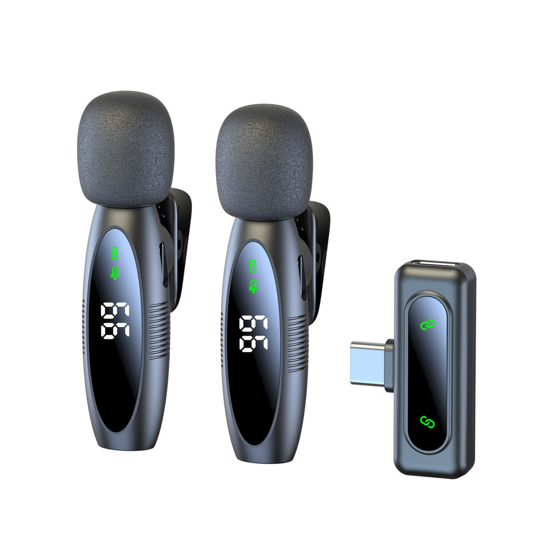 Two black wireless mini microphones with foam covers and a compact USB-C receiver on a white background.