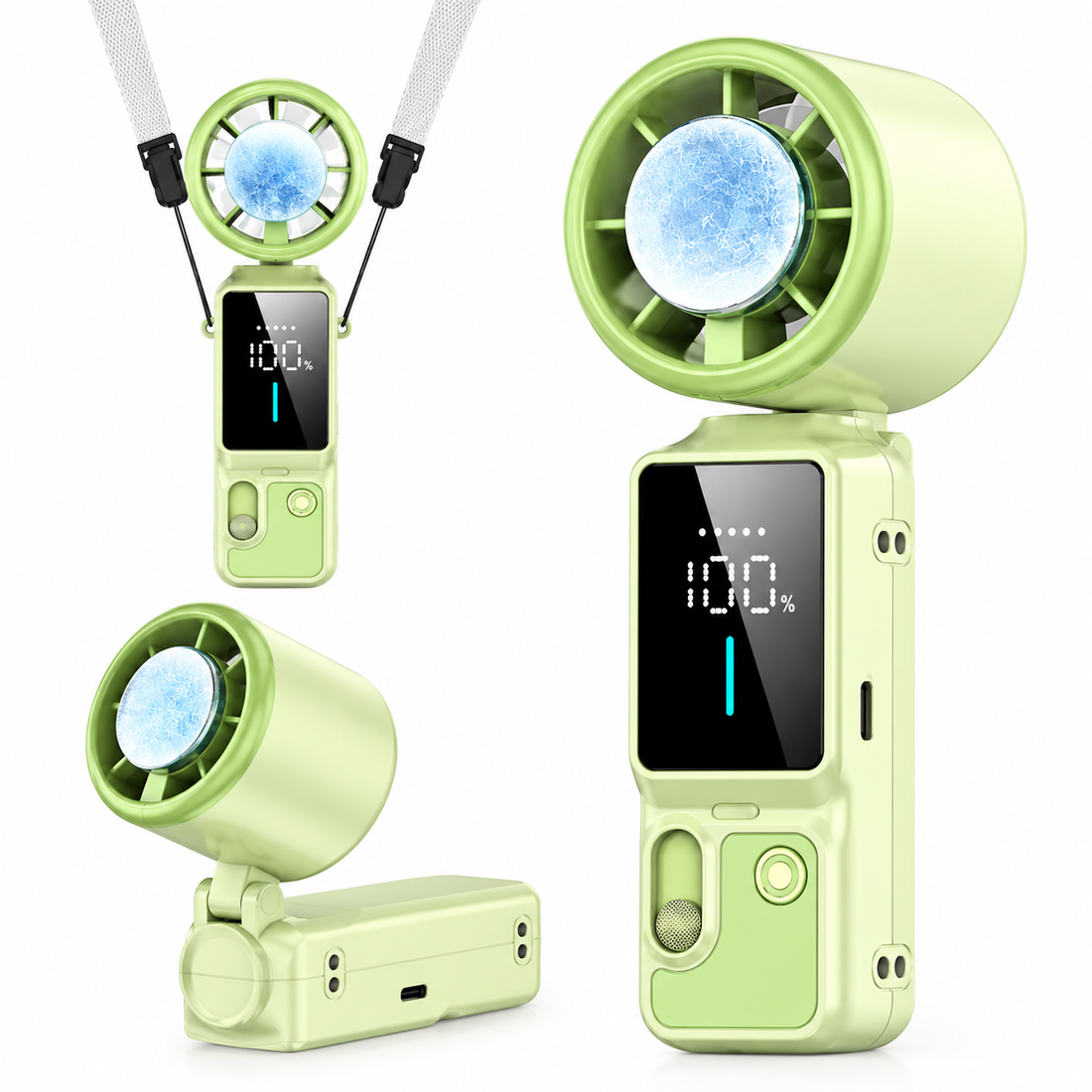 Light green mini portable cooling fan with circular head and digital display on a white background.