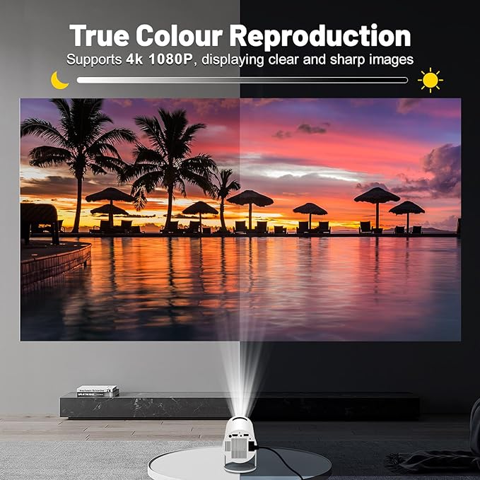 Mini Projector with Auto Keystone Correction and 130-inch Screen Size, 4K 1080P Portable Movie Projector for Home and Outdoor.