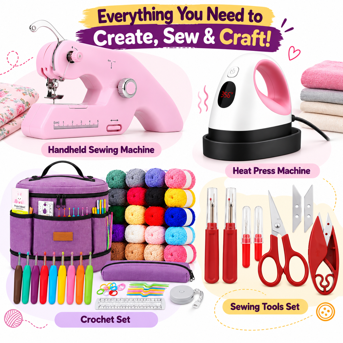 Compact sewing machine included for home stitching projects
