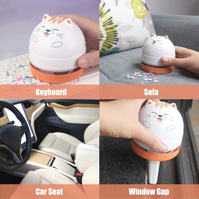 Mini Desktop Vacuum Cleaner with USB Charging, Cute Cartoon White & Orange Design, Perfect for Crumbs and Dust Cleaning.