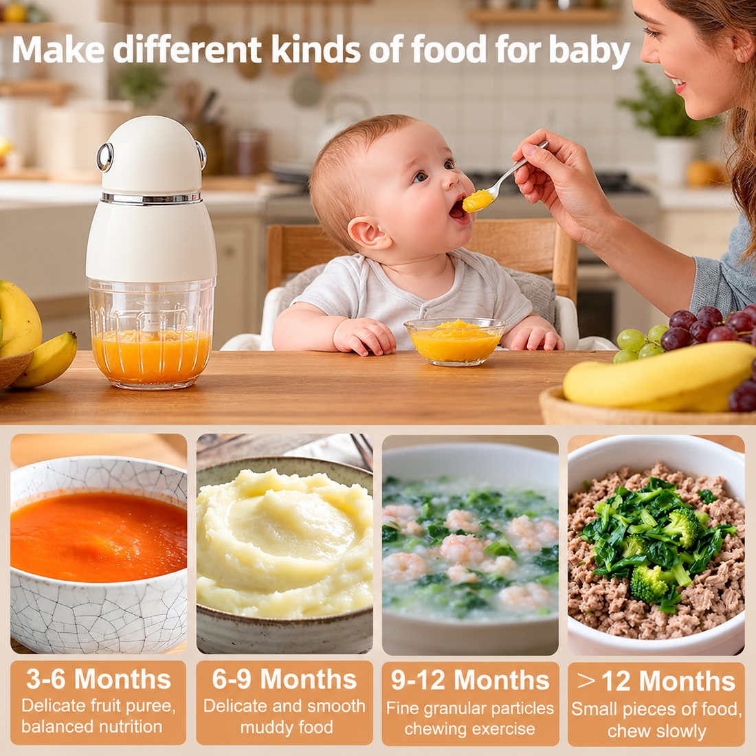 Mini baby blender for processing soft fruits and cooked vegetables