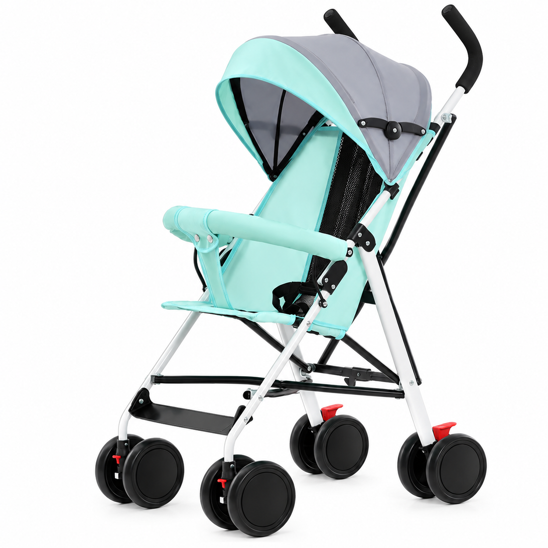 Mint lightweight baby stroller with grey canopy and compact folding frame
