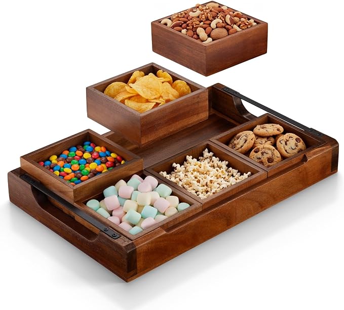 Modular acacia wood serving tray for snacks and appetizers