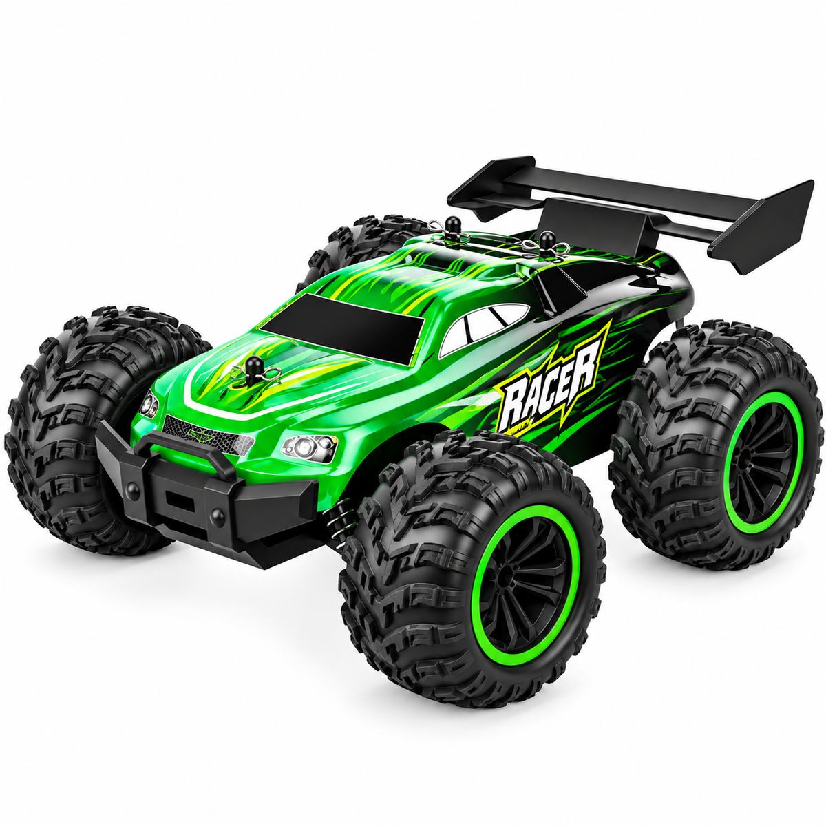Side profile of a remote control monster truck highlighting its body shape and large wheels.