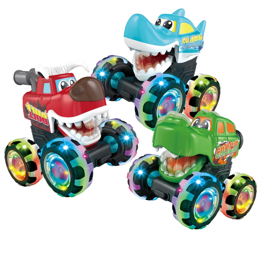 Monster truck toys for kids with LED light up wheels and dinosaur design