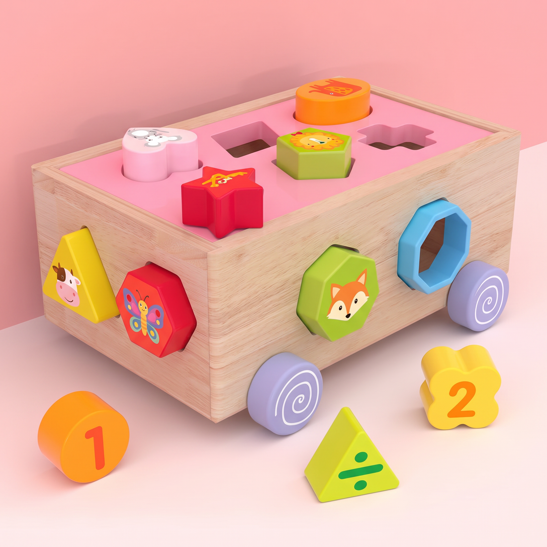 Montessori-style animal puzzle car toy for toddlers learning shapes, colors and matching