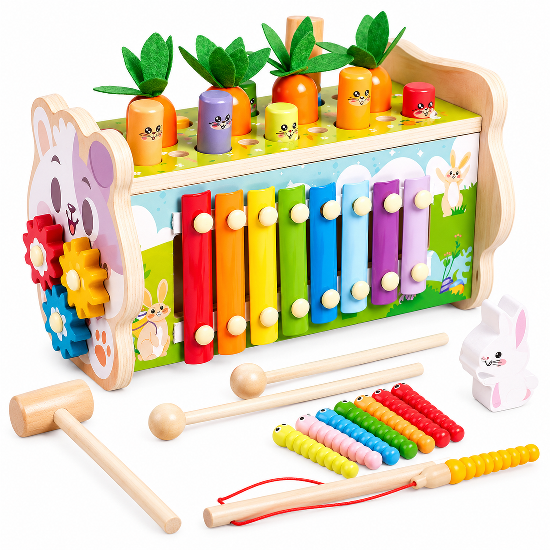 Montessori 8 in 1 wooden activity toy featuring multiple toddler play activities.