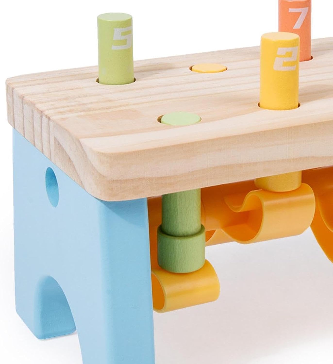 Montessori-style hammer toy with wooden pegs and mallet for preschool activity time