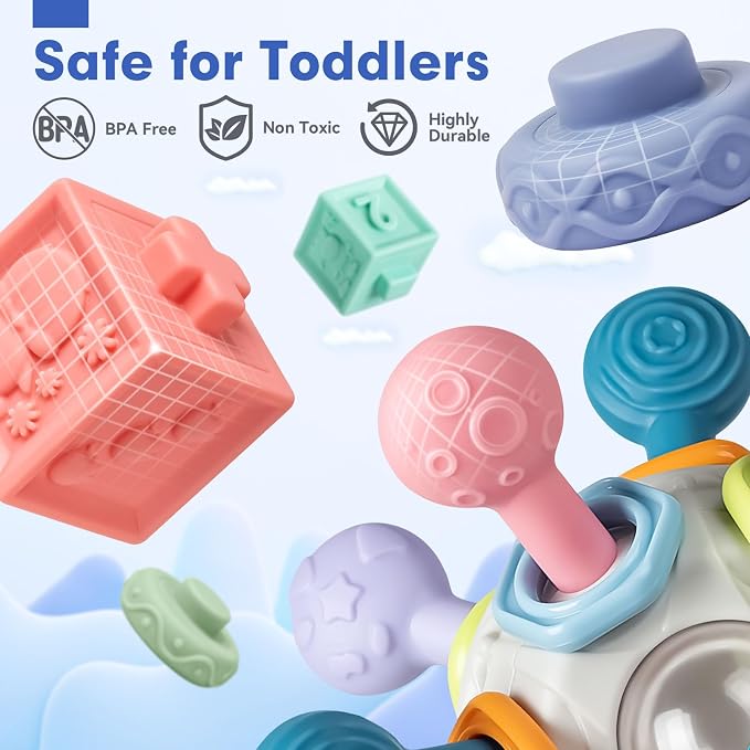 Montessori infant rattle and teether toys displayed together.