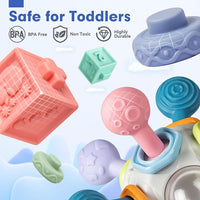 Montessori infant rattle and teether toys displayed together.