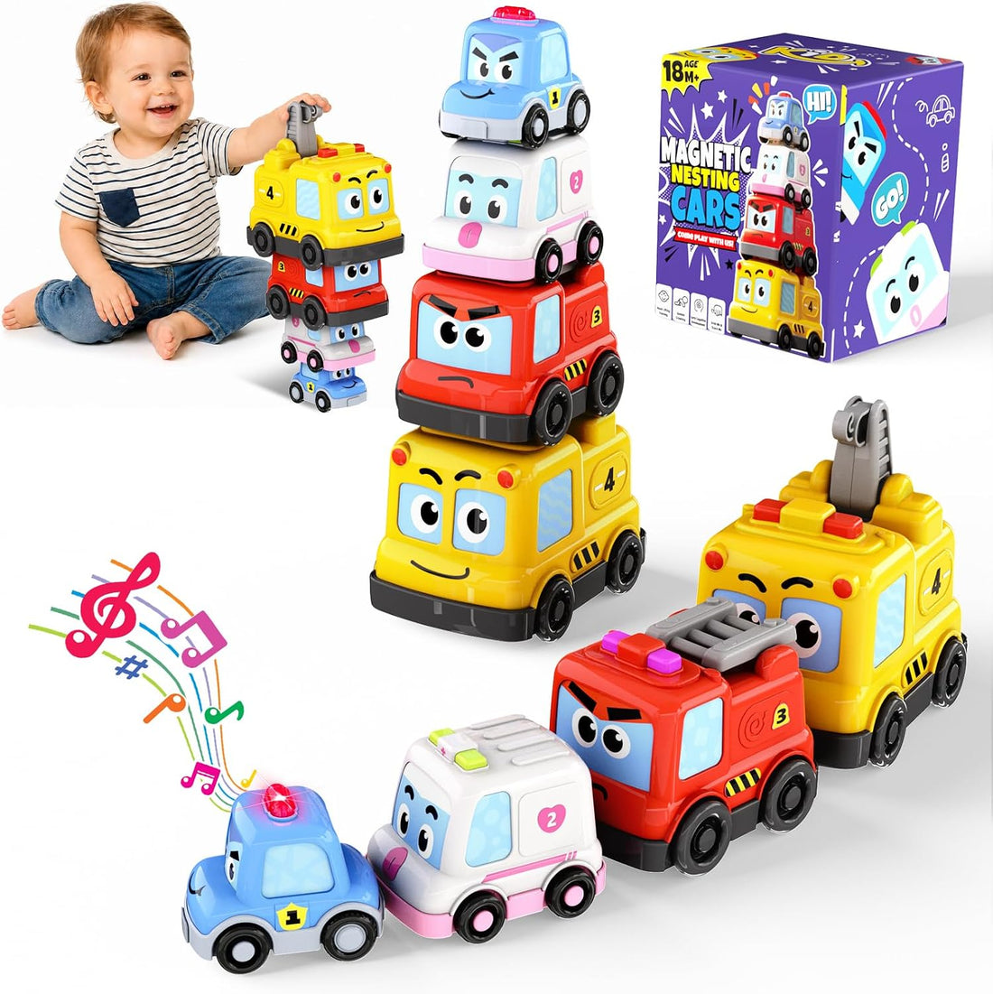 Montessori magnetic car toy set featuring stacking vehicles and an interactive police car.
