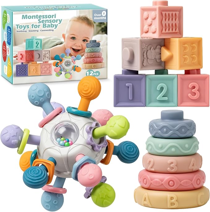 Montessori toys for babies featuring a sensory play set with rattles, blocks and stacking rings.