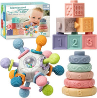 Montessori toys for babies featuring a sensory play set with rattles, blocks and stacking rings.