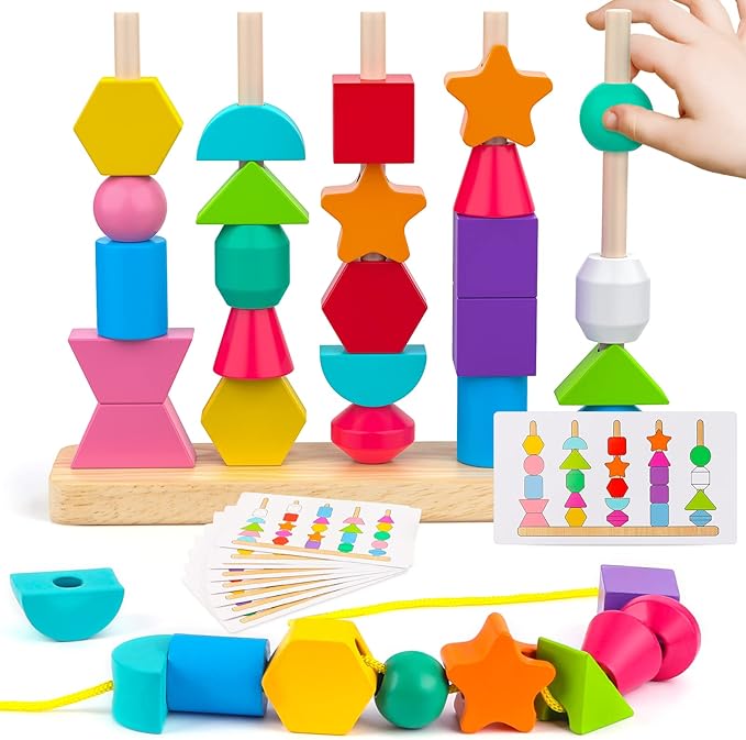 montessori wooden beads sequencing toy set with stacking and lacing activities