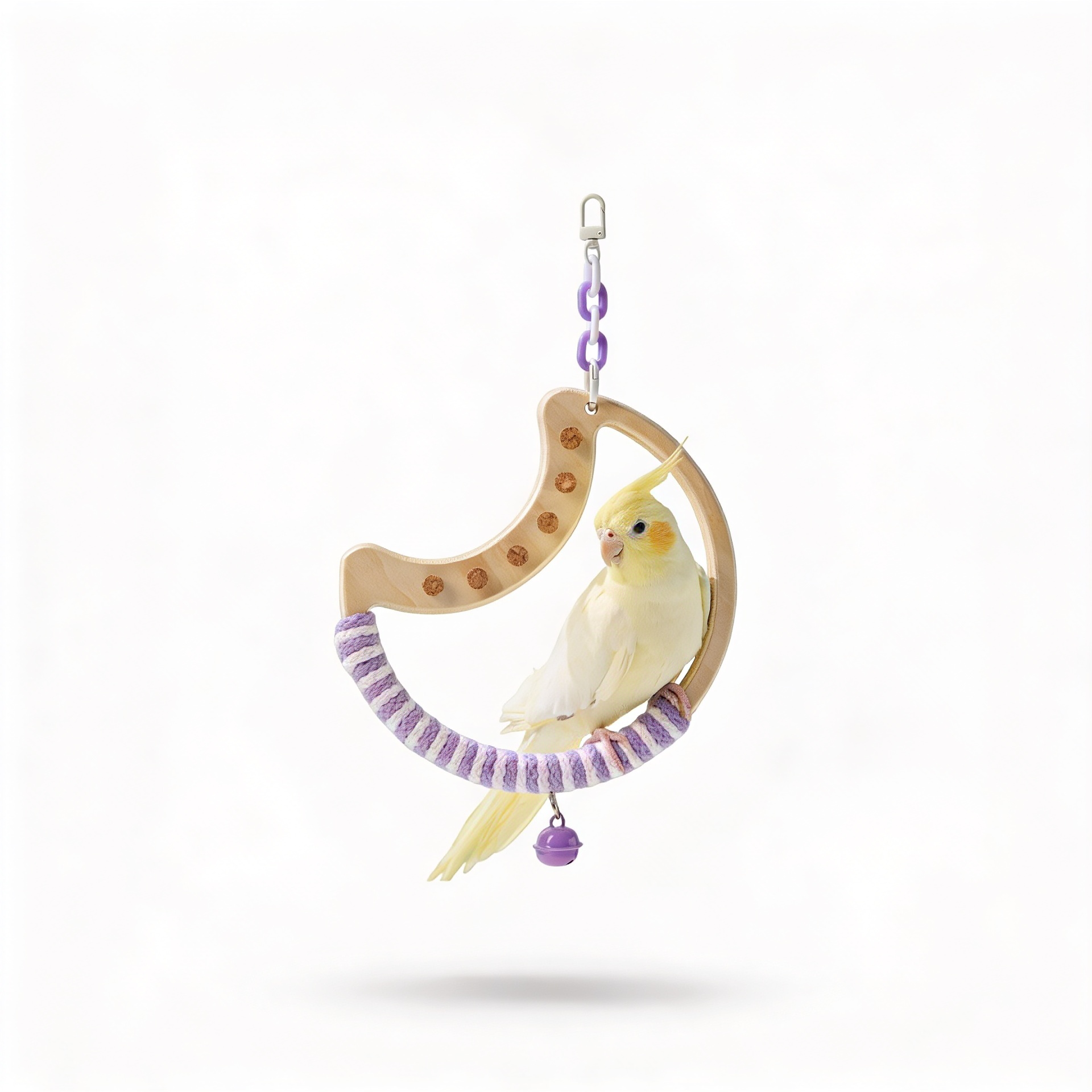 moon shaped bird swing with bell and cork toys