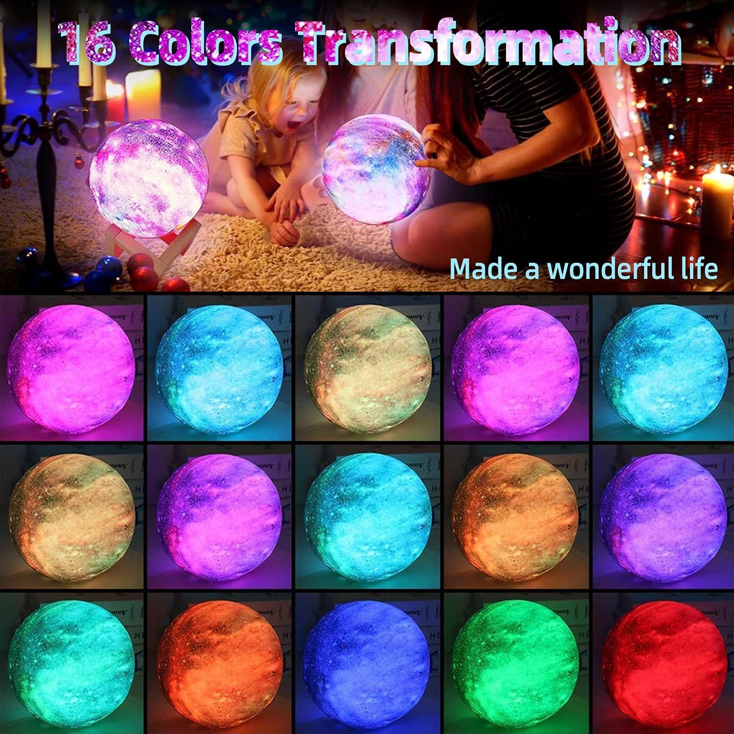 Packaged 3D moon lamp night light with USB cable and wooden stand