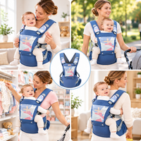 Mother holding her baby close in a blue structured carrier at home