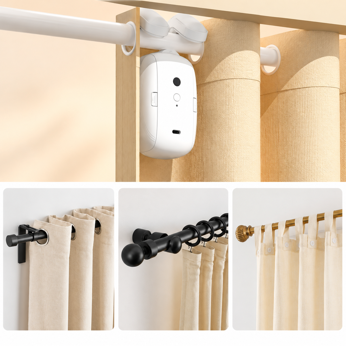 Close-up of the motorised curtain accessory and its exterior housing.