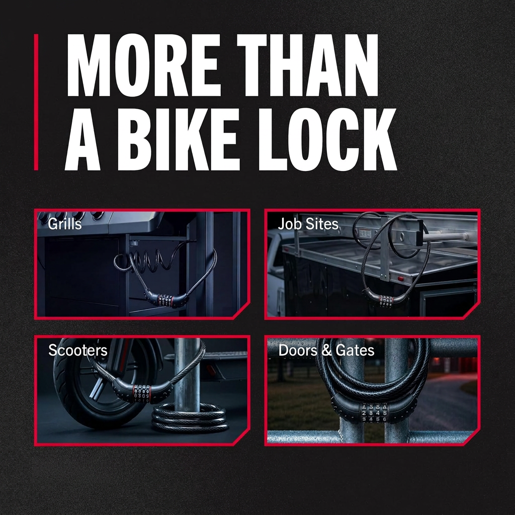 6 ft cable lock securing a mountain bike to a bike rack