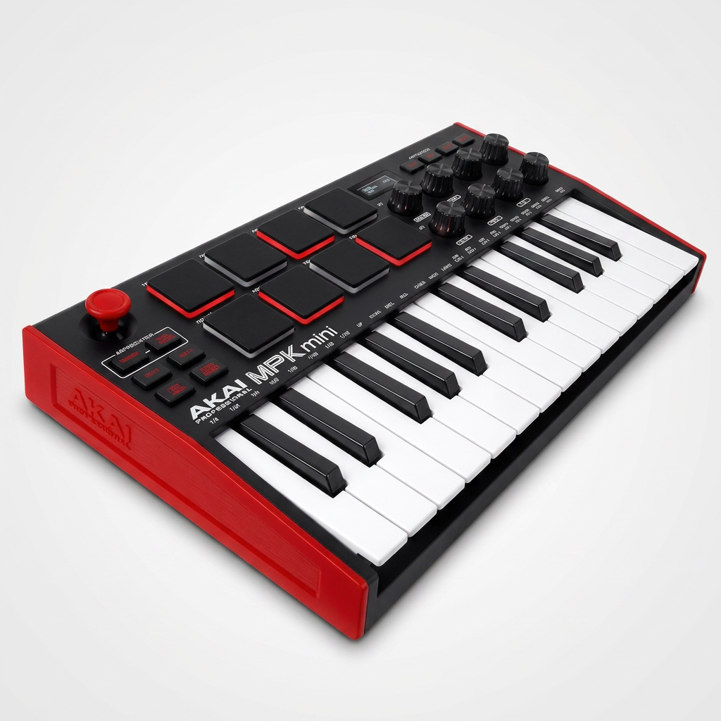 MPK Mini MK3 25-Key USB MIDI Keyboard Controller with 8 Backlit Drum Pads, 8 Knobs, and NKS Integration.