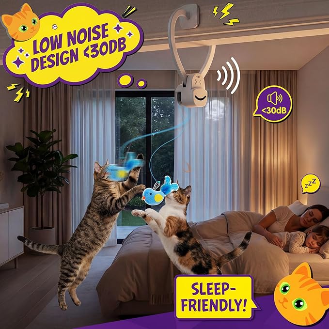 Two cats playing with interactive feather wand toy