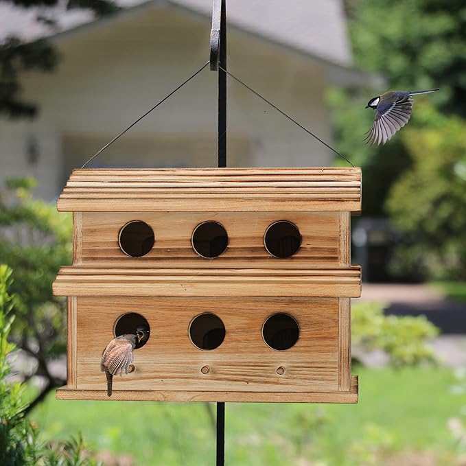 hanging birdhouse with 6 separate compartments for multiple bird families