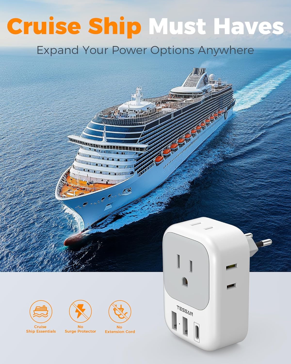 Travel Adapter 4 AC Outlets Multi Device Charging