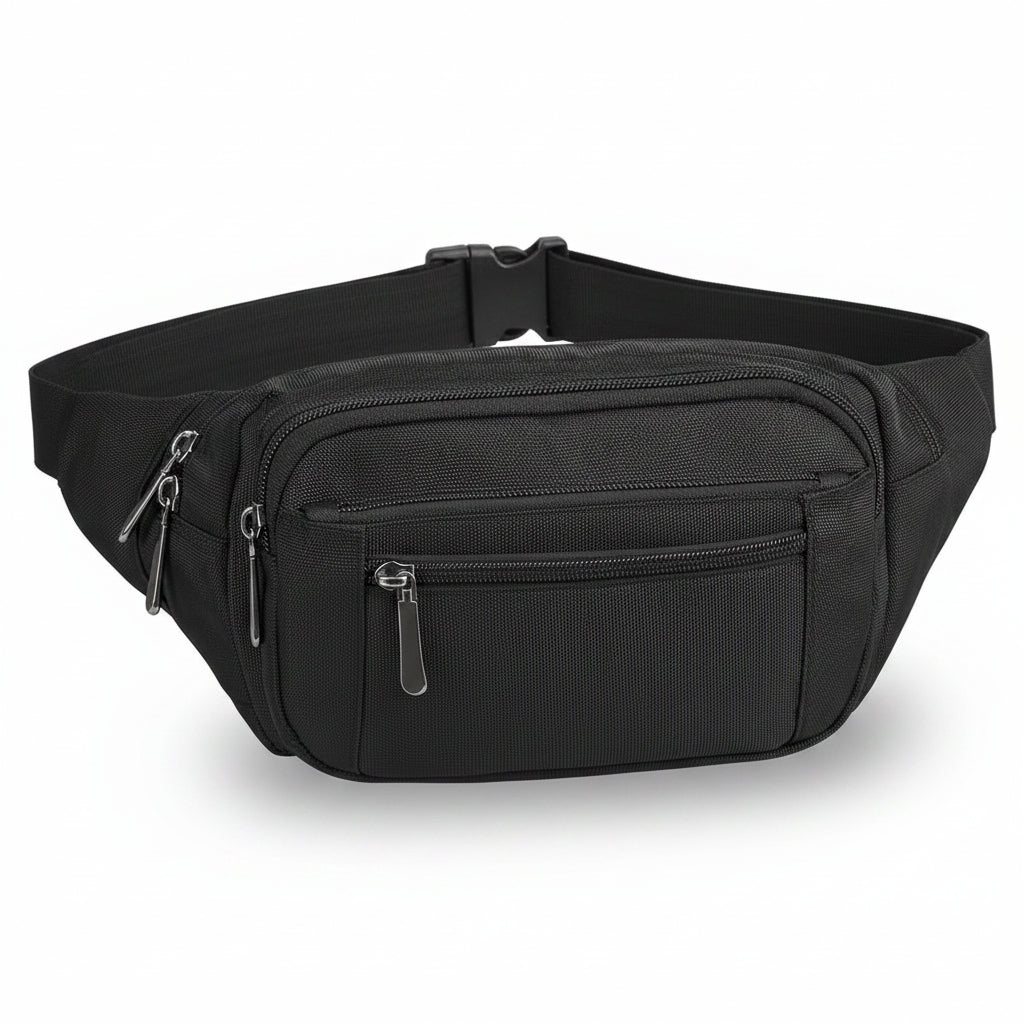Multi-pocket waist bag front view for travel and daily outings