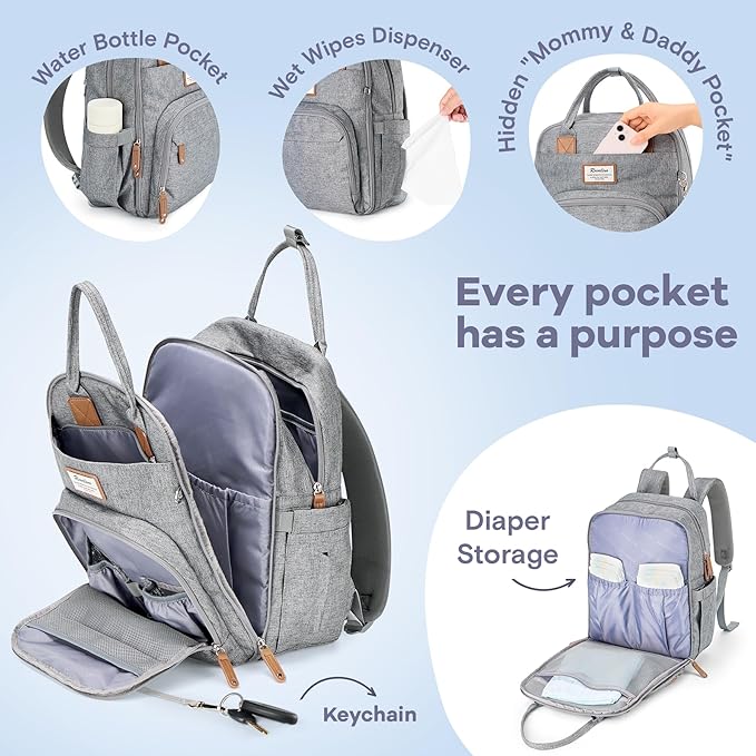 Front view of a gray waterproof diaper bag backpack with multiple zippered sections