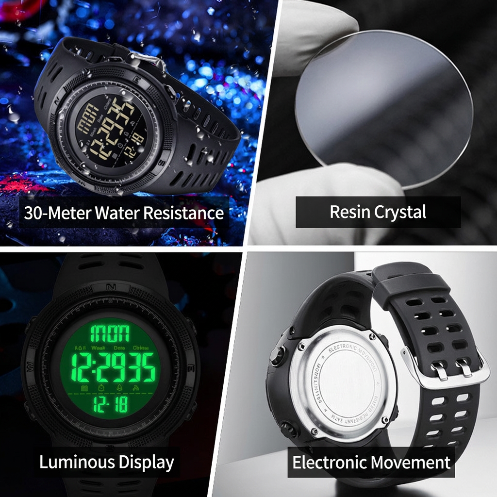 multifunction digital watch with stopwatch and weekly calendar features