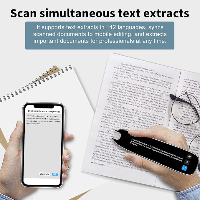 Multilingual reading assistant showing translation options on its screen.
