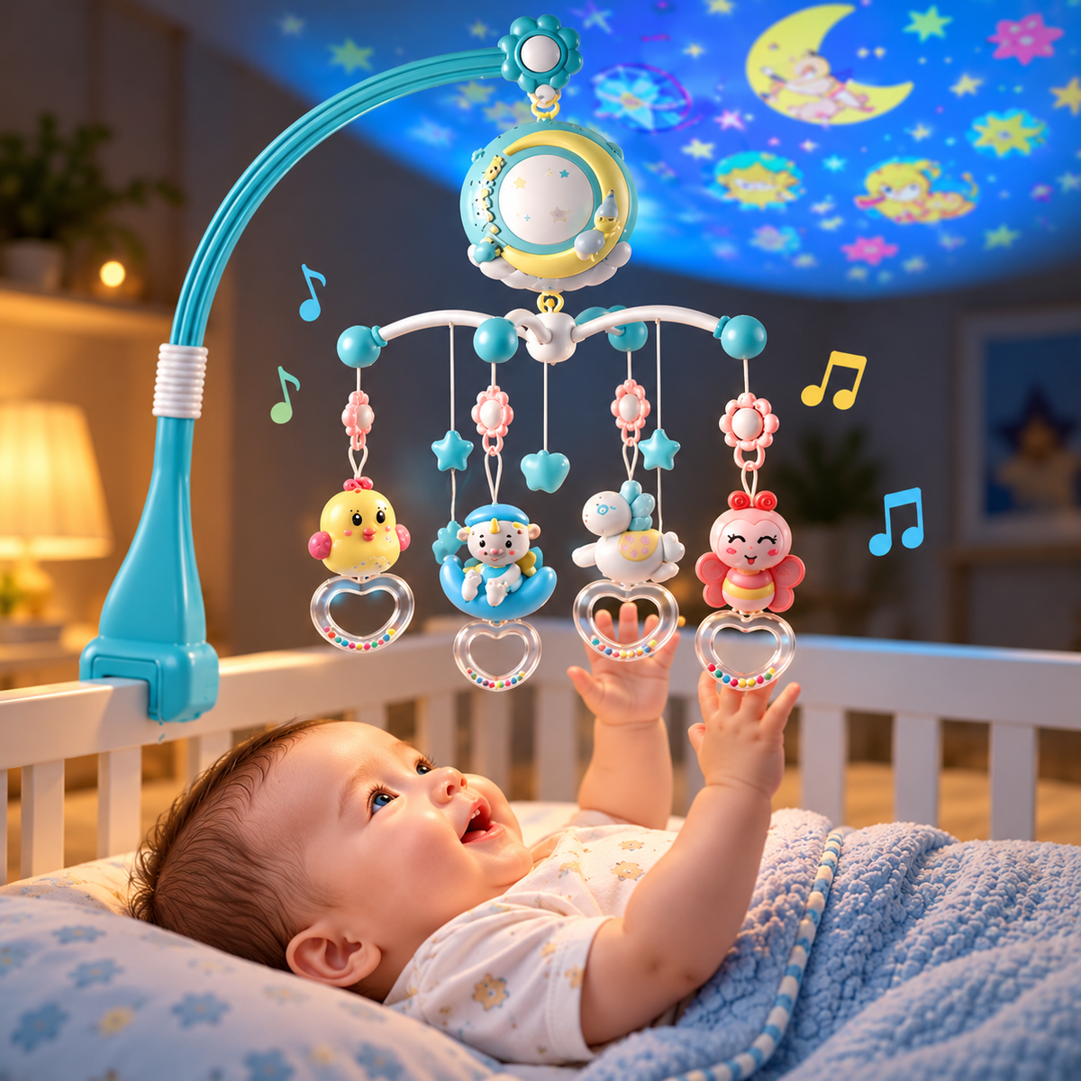 Nursery crib mobile with decorative hanging figures and remote control