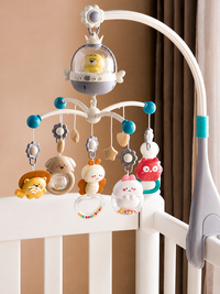 Size details of blue musical crib mobile with projector