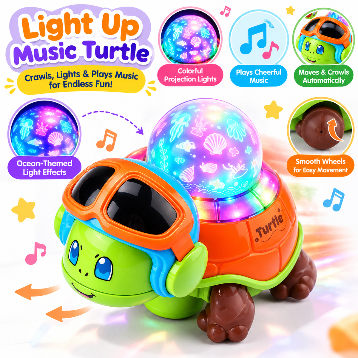 Musical light-up animal toy with built-in lighting and sound features.