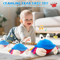 Musical moving crab toy for supervised baby floor play