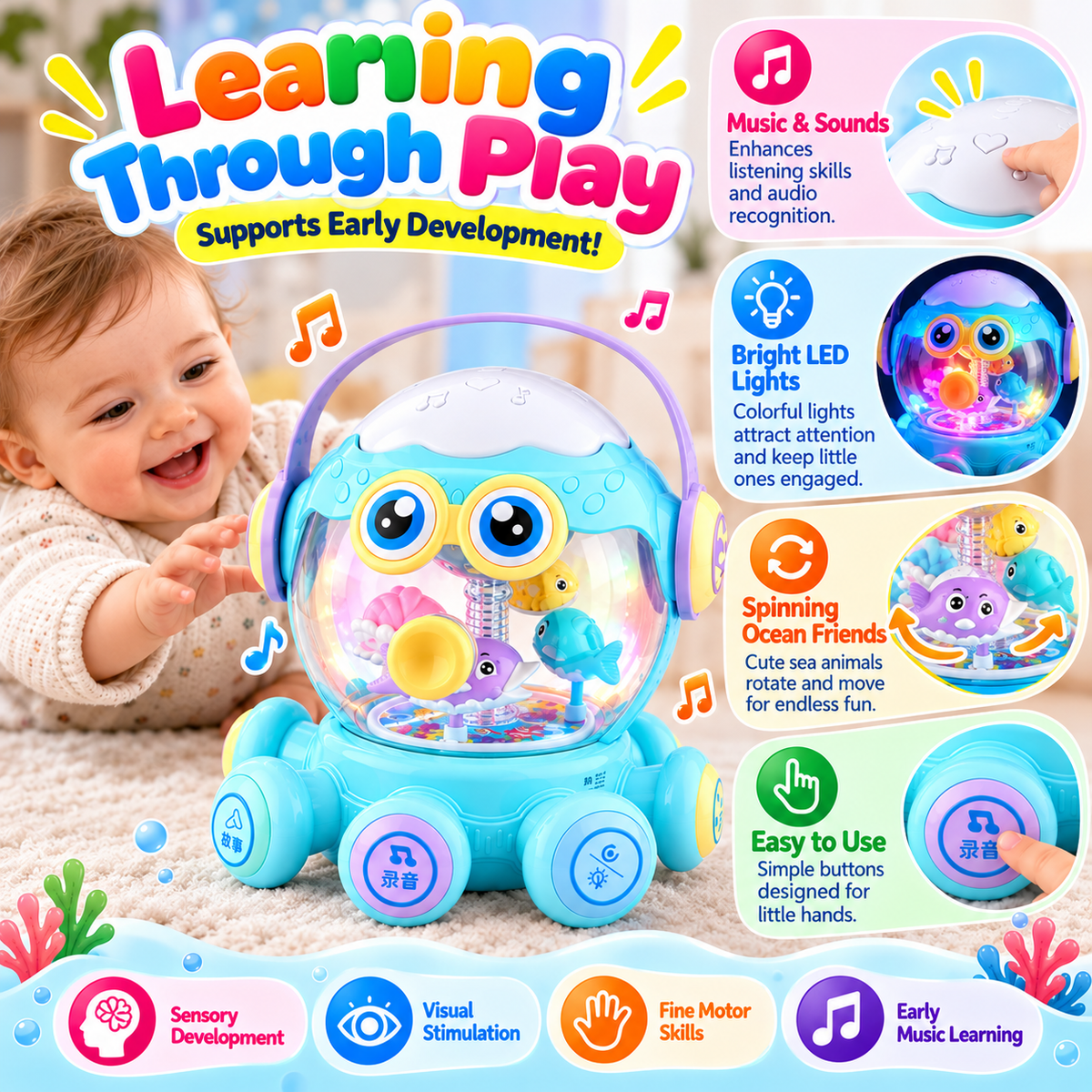 Musical octopus drum toy with light-up features for supervised playtime.