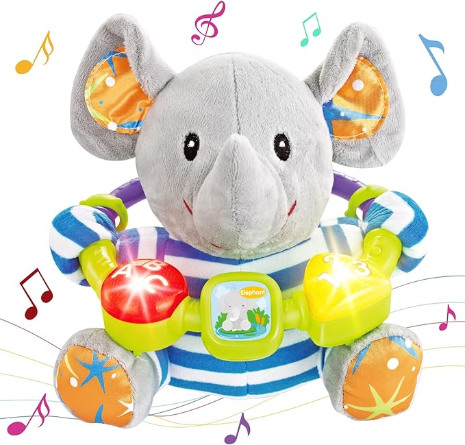 Musical plush elephant toy for supervised baby play