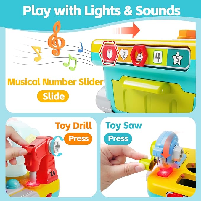 Musical workbench toy for toddlers featuring interactive play activities.