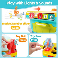 Musical workbench toy for toddlers featuring interactive play activities.