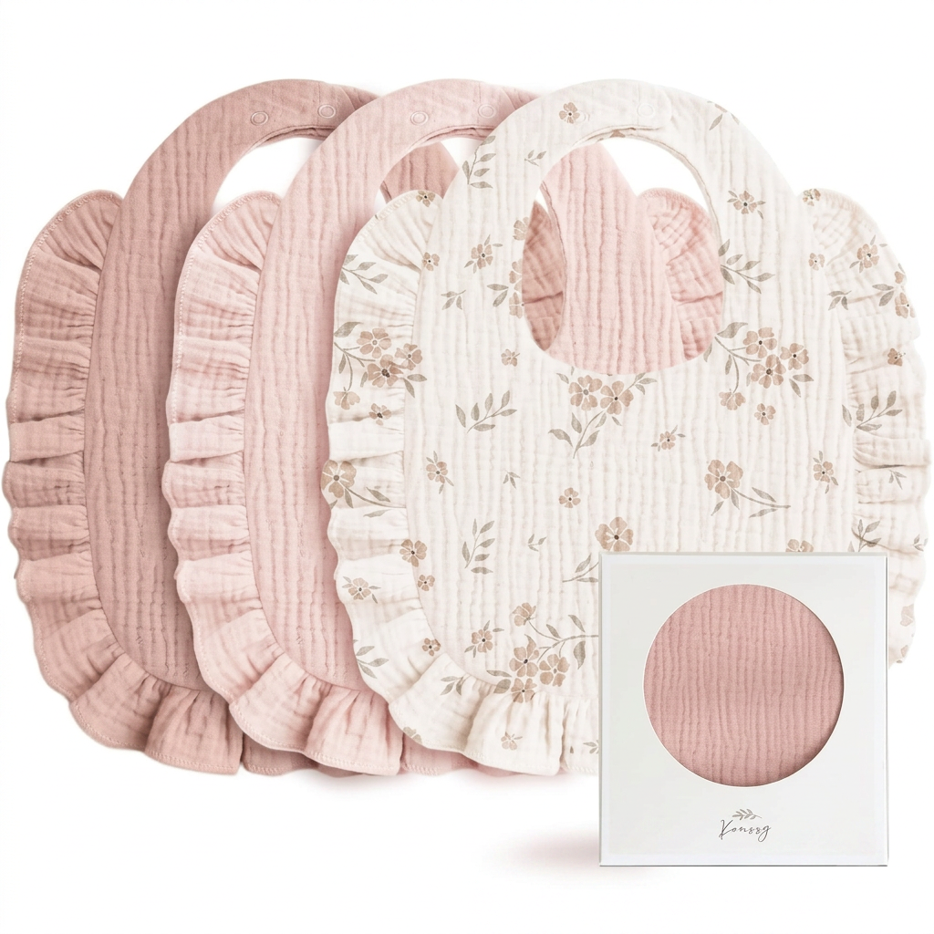 Muslin Baby Bibs with Ruffle Trim, Soft Cotton, 3-Pack for Girls