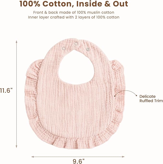 3-Pack Muslin Baby Bibs for Girls with Ruffle Trim, Absorbent and Stylish