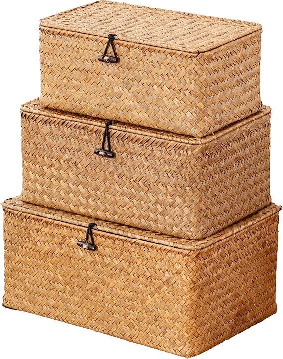 Natural seagrass storage basket with lid set of 3 for home organization