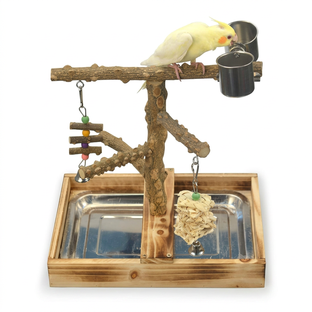 Natural wood bird playground stand with multiple perches and feeding cups