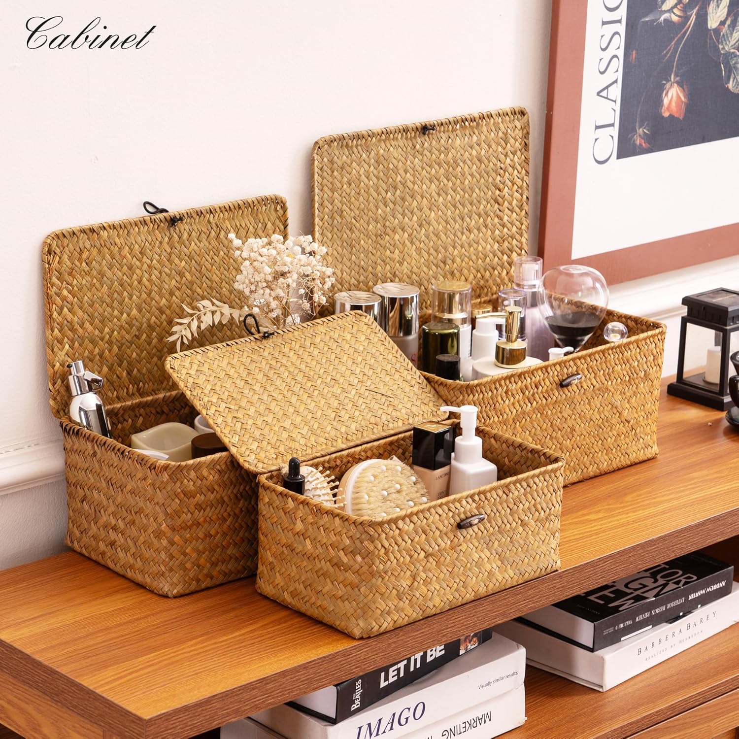 Natural woven shelf baskets for organizing clothes towels and accessories