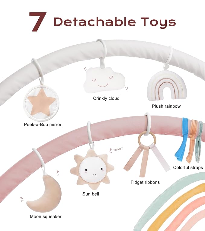 Neutral baby activity gym with crossed arches and soft floor mat