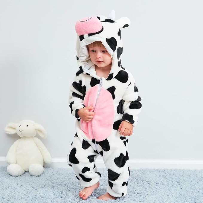 Front view of a spotted infant outfit with long sleeves and zipper fastening.