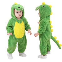 Green baby dinosaur romper with yellow tummy panel and animal hood